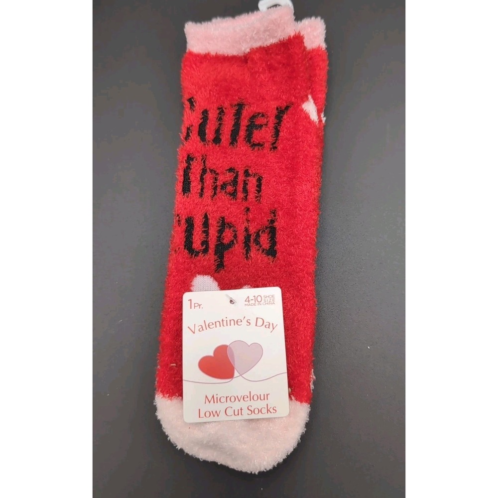 Happy Valentines Day Cuter Than Cupid Microvelour Crew Socks Red Pink 4-10